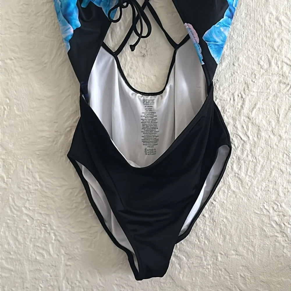 Victoria’s Secret Pink Cut Out Front Black Blue Floral Swimsuit Medium